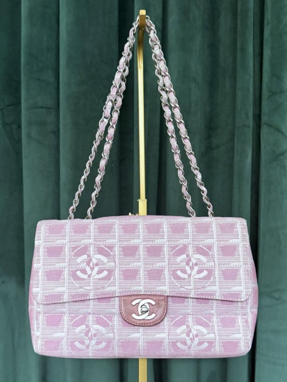 CHANEL Vintage 2003 Travel Line Flap Bag Pink White Silver Chain Medium Nylon